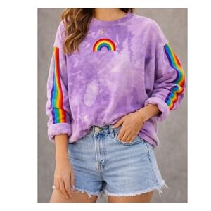 Rainbow Stripe Tie Dye Sweatshirt Unisex M Purple Pride Crewneck Festival Indie